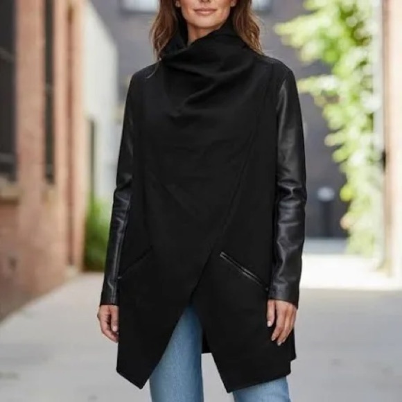 SPANX Jackets & Blazers - Spanx Black Faux Leather Sleeve Wrap Jacket Small